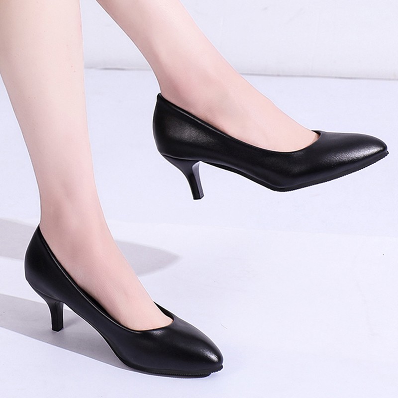 Lucifer 2022 Spring Black PU Leather Women Shoes Pointed Toe Slip On Office Women Shoes High Heels Shallow Mouth