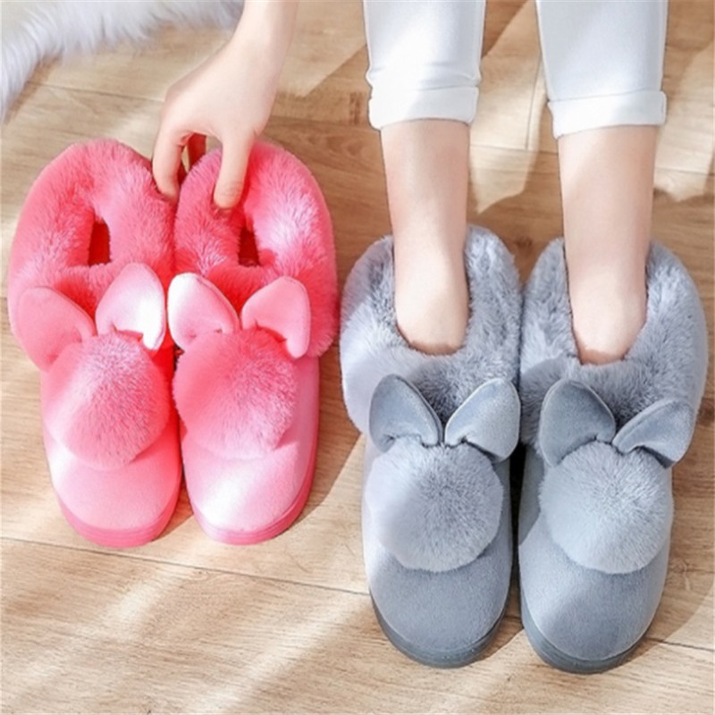 Autumn Winter Cotton Slippers Rabbit Fur Home Warm Thick Bottom Indoor Cotton Shoes Women Slippers Cute Fluffy Cat Slippers