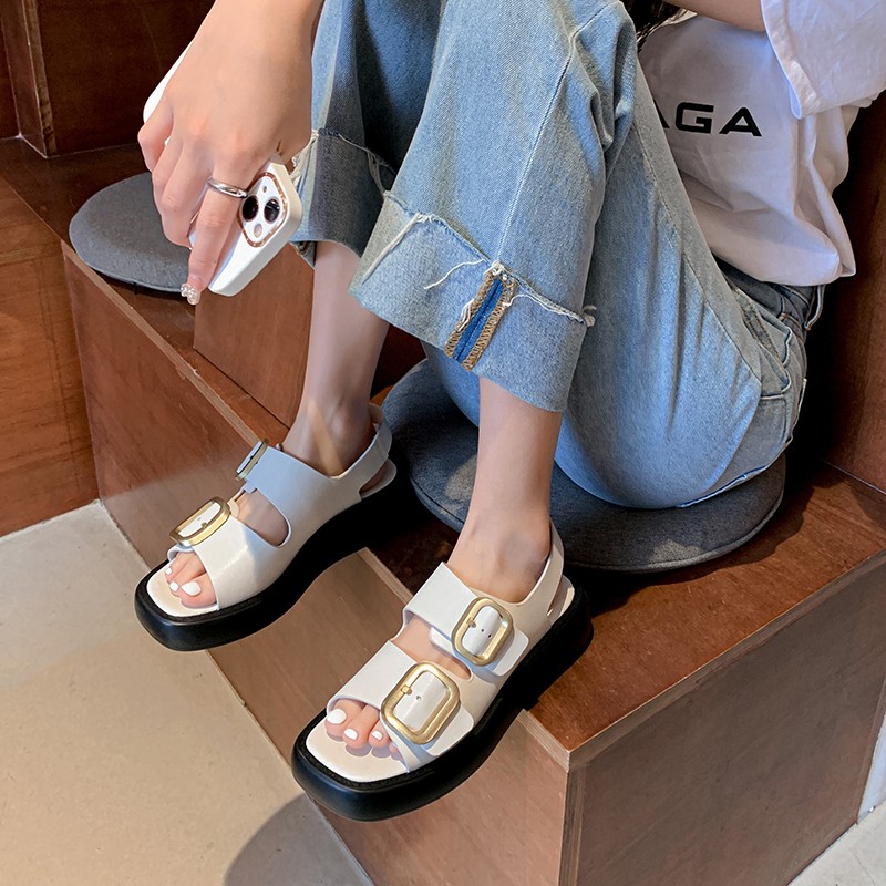 Metal buckle decoration split leather slip on women sandals flat platform fashion women's shoes summer sandals black beige