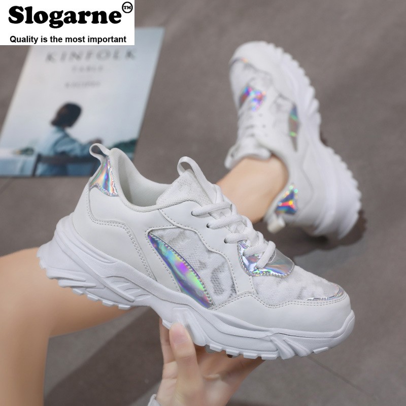 Women's spring autumn air mesh sneakers lady's running shoes girl's high elastic thick-soled middle school students leather shoes