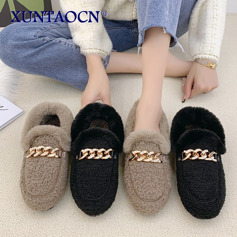 woman slippers summer sandals fox fur slides mules black shoes for women loafer 2022 home shoes spring outdoor block heel