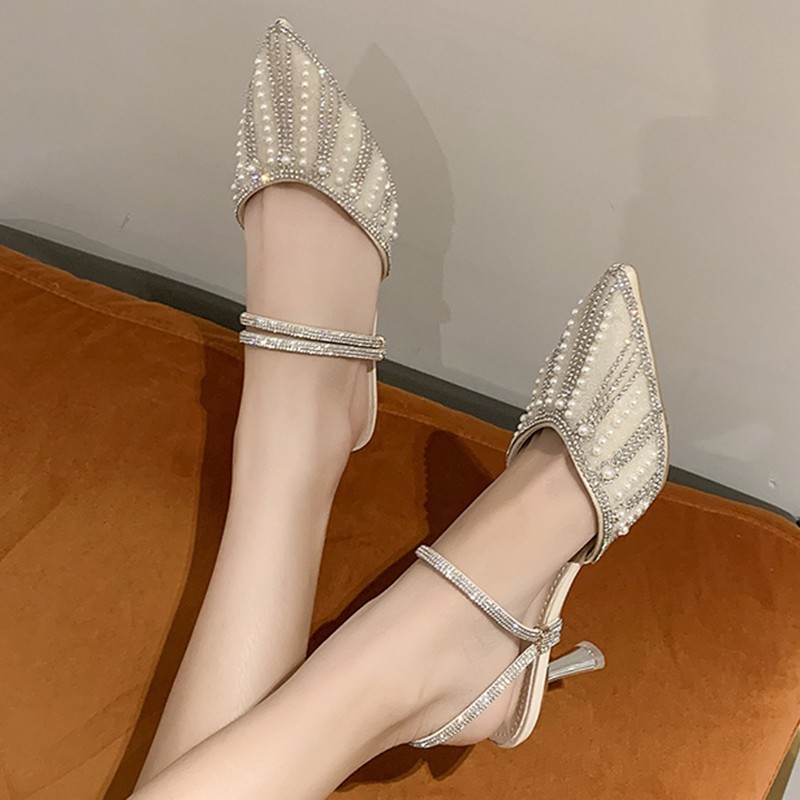 Lucifer Bling Crystal Pointed Toe Slippers Women 2022 Pearl Stiletto High Heel Sandals Woman Shallow Mouth Mules Shoes Female