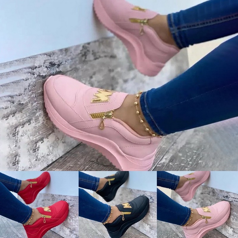 2021 Women's Chunky Sneakers Solid Color Platform Shoes Thick Bottom Zipper Women's Vulcanized Shoes Sneakers Zapatos De Mujer