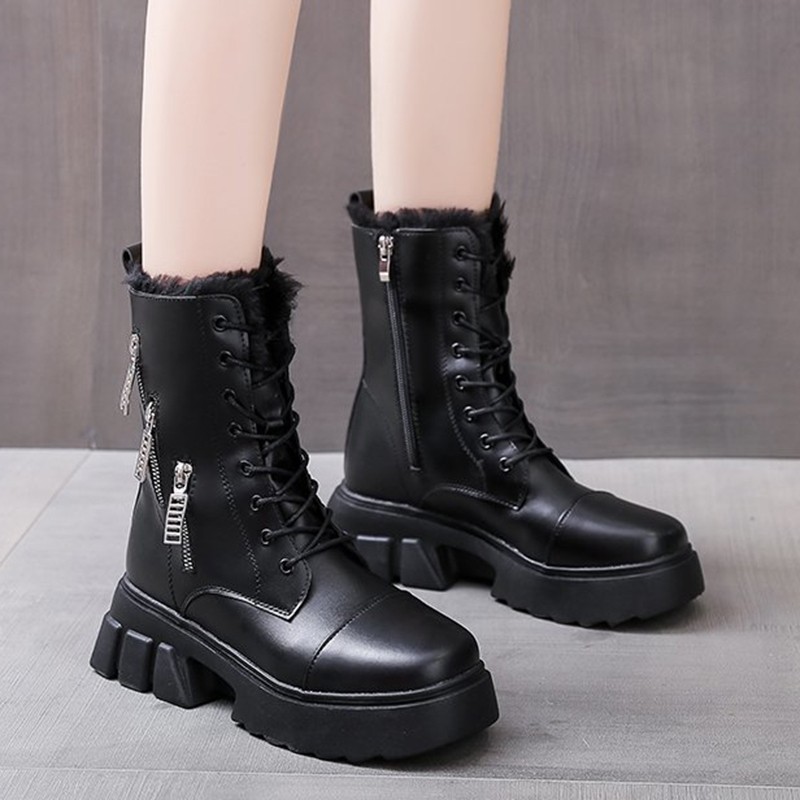 Rimocy Women Winter Ankle Boots Pu Leather Warm Plush Snow Boots Female Height Increasing Shoes Woman Zip Chunky Platform Booties