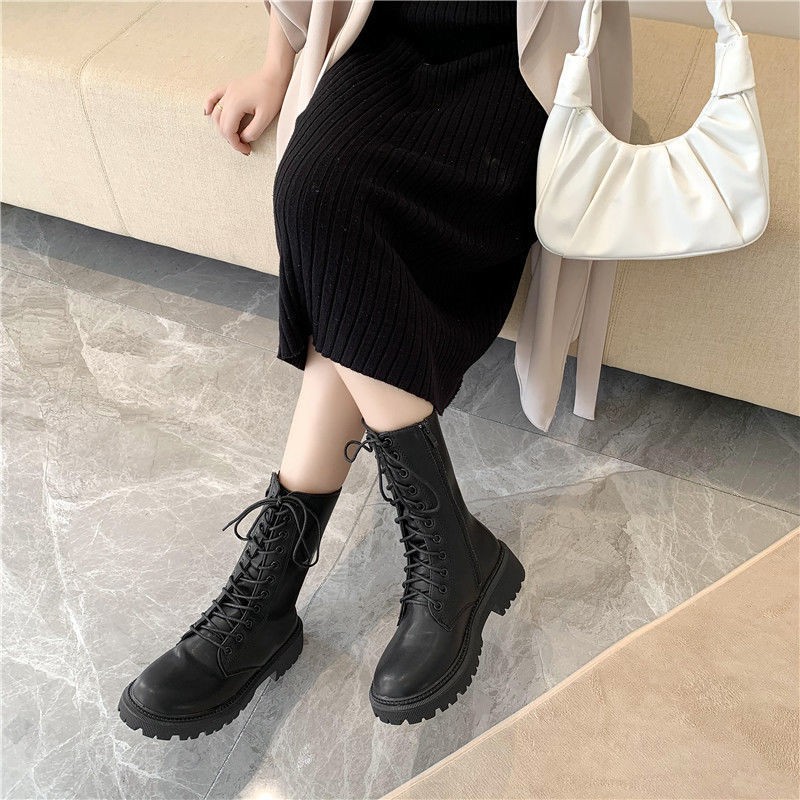 Soft leather motorcycle Martin boots single boots autumn and winter explosion style middle low-heeled British style thin boots