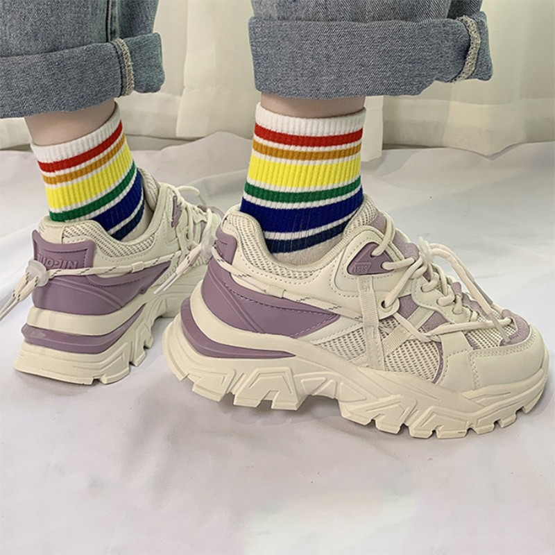 Women's shoes autumn 2021 new Korean color matching sneakers round toe flat bottom increase fashion casual women's shoes