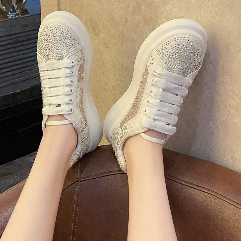 JMPRS Platform Shining Crystal Sneakers Women 2022 Spring Breathable White Mesh Sneaker Woman Comfort Flat Heel Casual Shoes