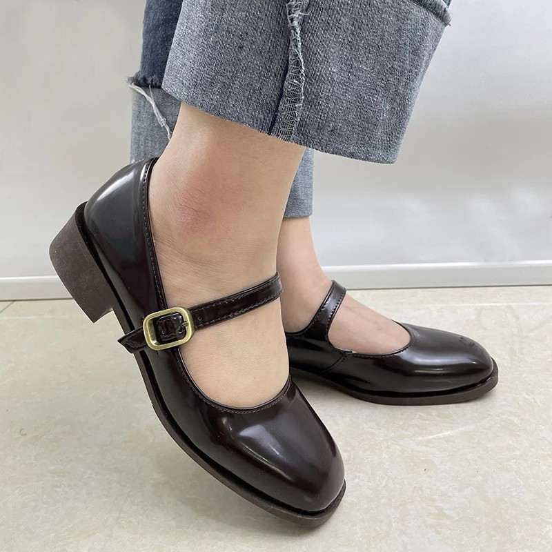 Lucifer Buckle Strap Low Heel Mary Jane Shoes Women 2022 Square Toe Patent Leather Shoes Woman Vintage Dark Brown Pumps Ladies