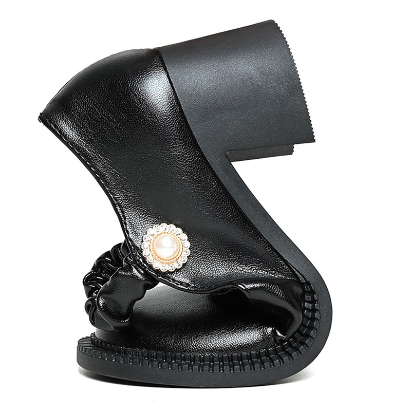 Lucifer Black Elastic Ankle Strap Pumps Women Pearl Thick High Heel Mary Janes Woman Soft Slip-on PU Leather Women's Shoes