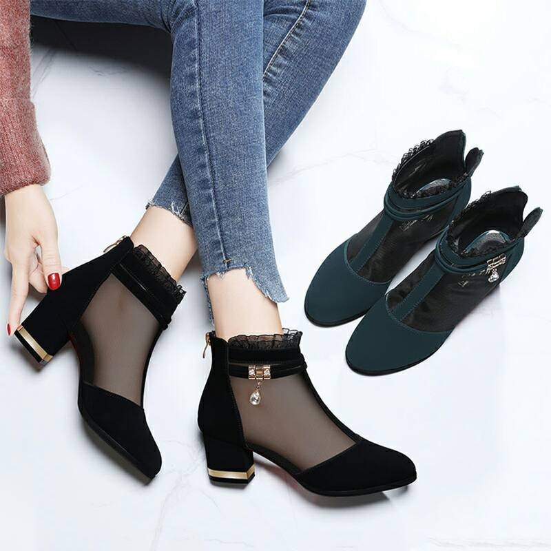 Woman Mesh Gauze Light Heels Chunky Heels Pants Female Shoes Fash Breathable Shoes New Black Single Shoes Shoes Sandals