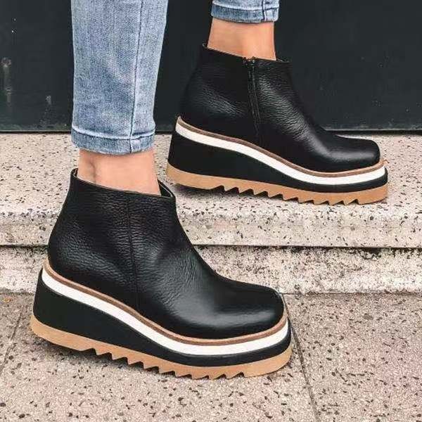 Plus size 43 wedge heel ankle boots women 2021 autumn and winter new flat side zipper leather boots women botas de mujer