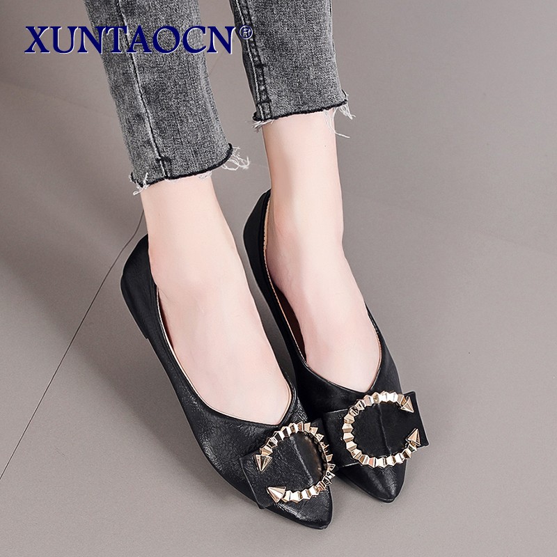 2022 Women's shoes fashion comfortable daily casual trend solid color PU pointed toe golden ring shallow mouth flat shoes