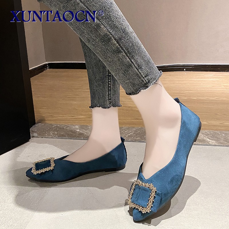 Summer women's shoes sexy pointed square buckle decorative comfortable corduroy fabric banquet flat shoes 2022 new large size