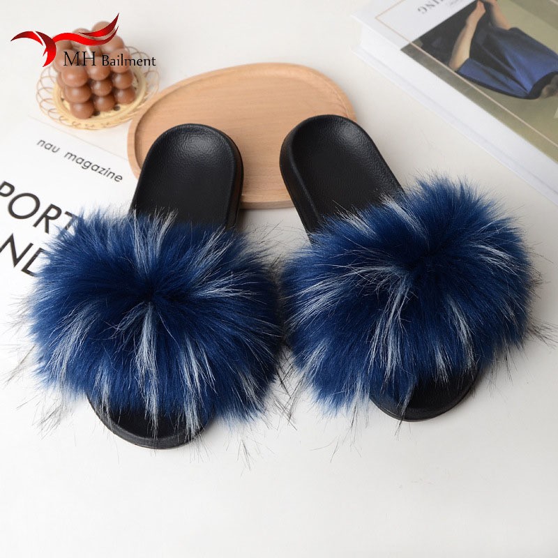 Women Summer New Synthetic Fox Fur Slippers Indoor Home Furry Cute Faux Raccoon Fur Non-slip Outdoor Home Shoes Beach Sandals