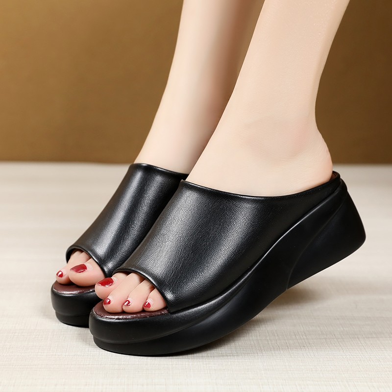 Rimocy 2021 Summer Women Thick Bottom Wedges Slippers New Fashion Soft Leather Platform Sandals Woman Peep Toe Beach Slides