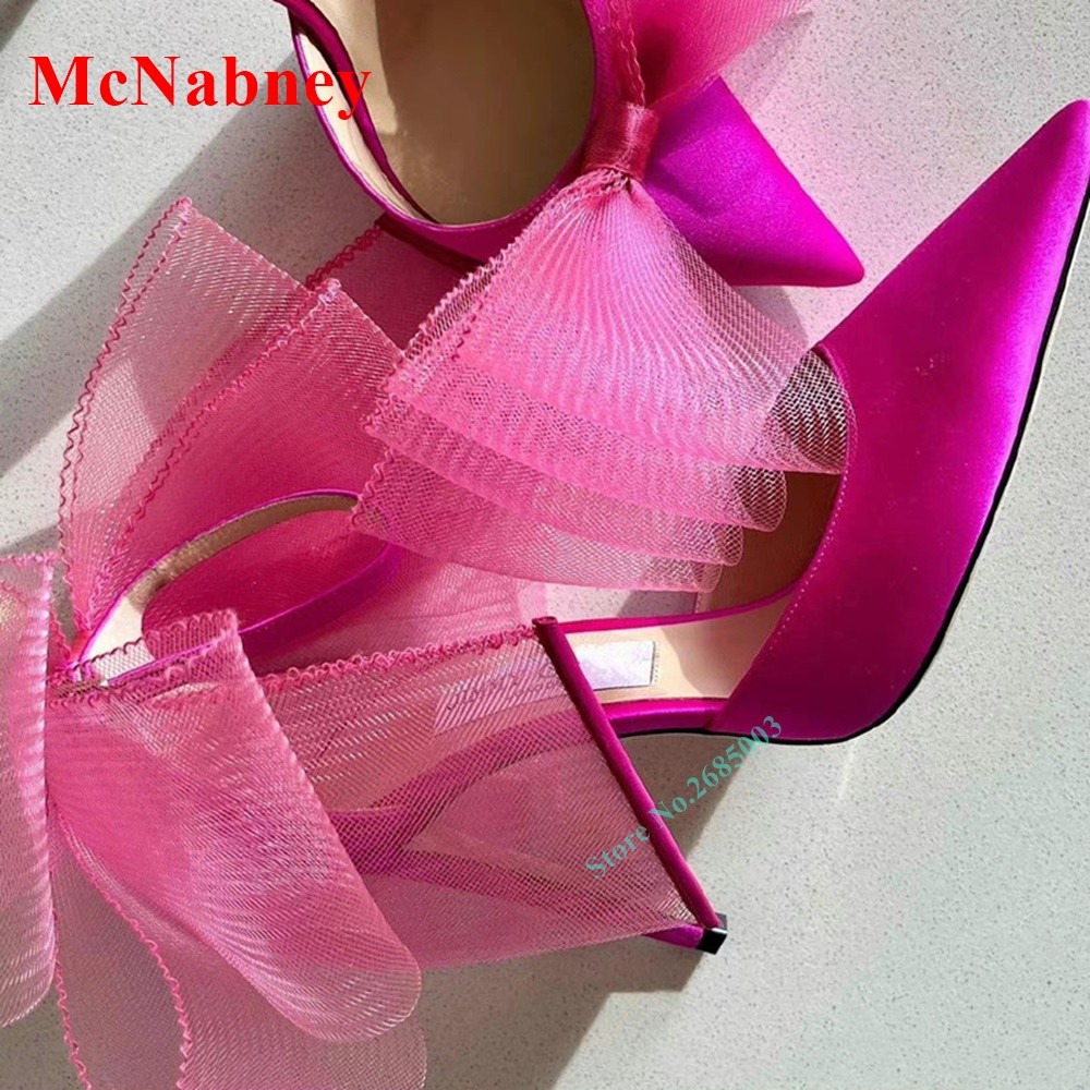 Mesh Butterfly Knot Women's Sandals Pointed Toe Solid Satin Ankle Straps Thin High Heels Sexy Women Shoes Designer Summer Sandals