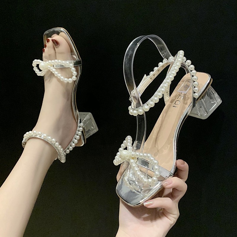 Rimocy Fashion Ankle Strap Pearl Sandals Women 2022 Summer PVC Transparent Heels Sandalias Mujer Beaded Bow Party Shoes Woman