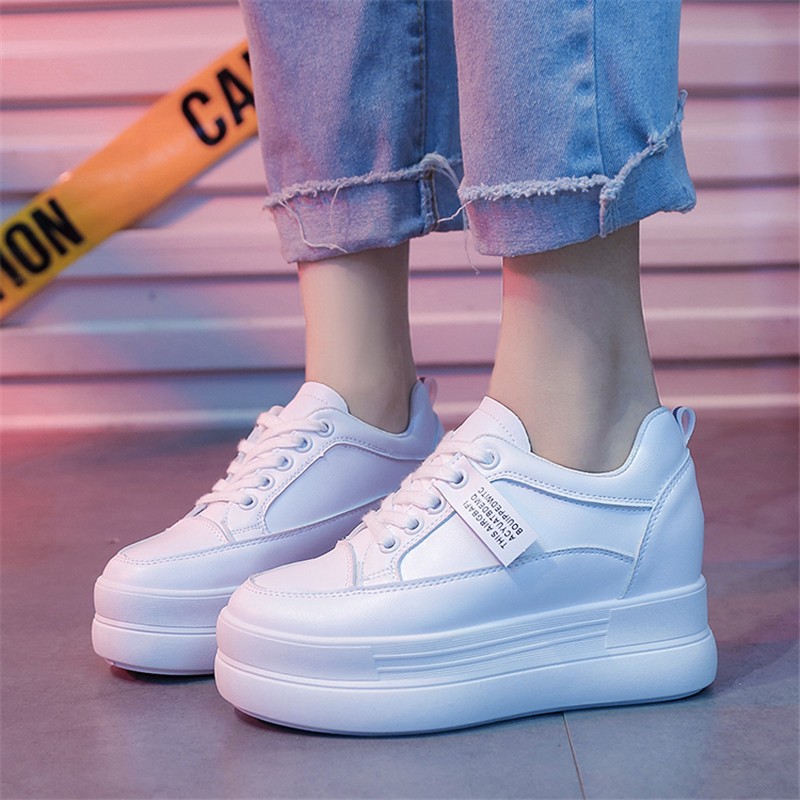 Women Breathable Sneakers Increase Platform Shoes 8cm Casual Shoes Leisure Leather White Shoes Women Vulcanize Shoes 2022