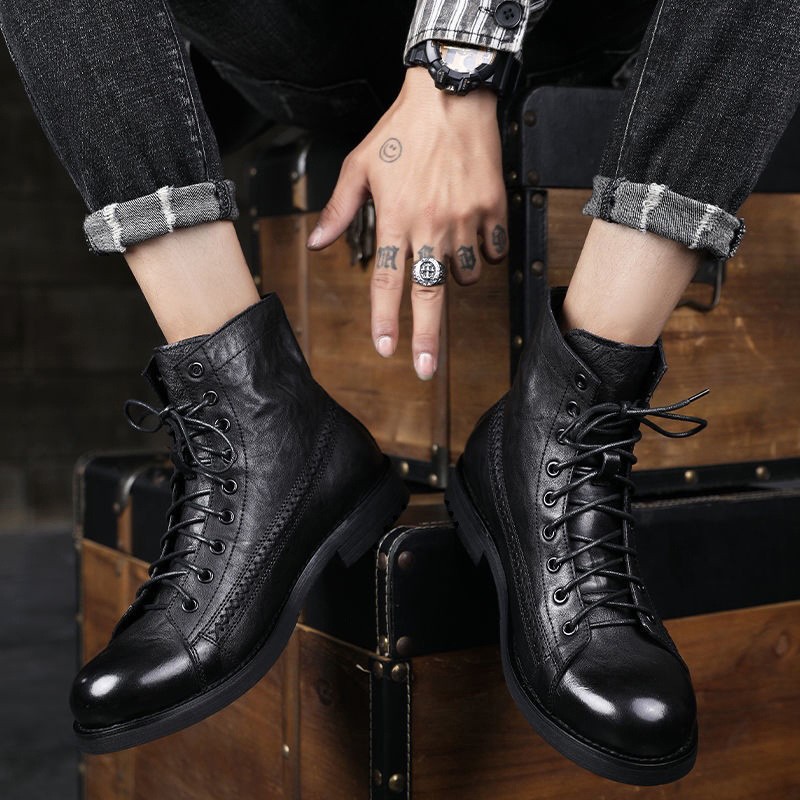 Men Boots Retro Style Ankle Boots PU Lace-up High Quality Casual Shoes Mens Shoes Wear-resistant Shoes For Men Motorcycle Boots