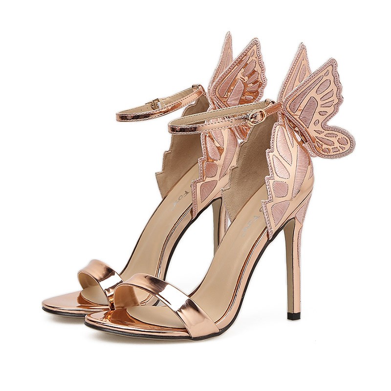 New 2022 Sexy Butterfly Wings Women Sandals Shiny Leather Party Dress Open Front Buckle High Heels Female Sandals