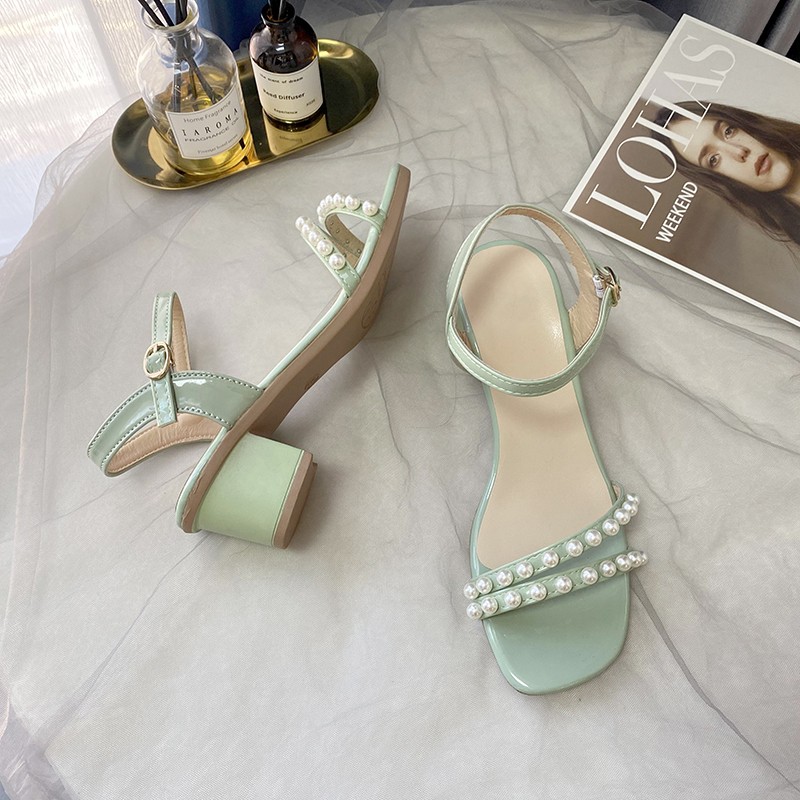 women sandals 2021 summer new korean women square head rhinestone women's shoes fairy style thick heel buckle sandals women