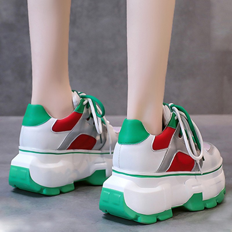 Lucifer Green Sequin Chunky Sneakers Shoes Woman 2022 Spring Mixed Color Platform Shoes For Women Lace Up Thick Sole Sneakers