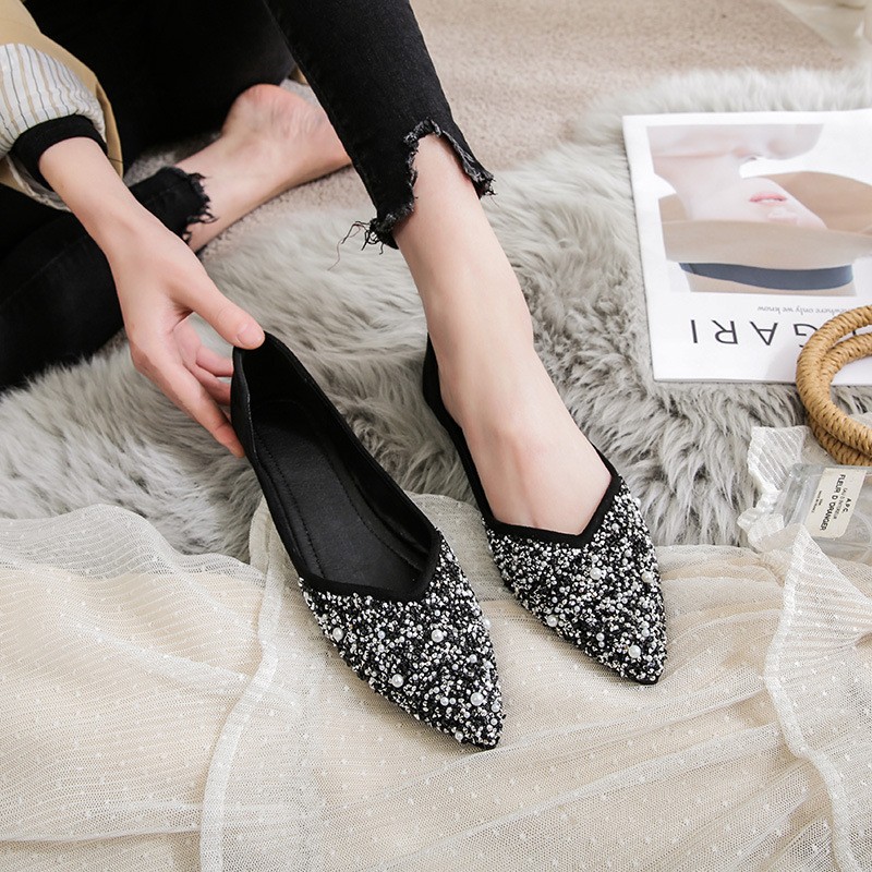 women flat shoes ballet shoes pearl diamond sequins breathable knit pointed loafers spring summer ladies soft loafers