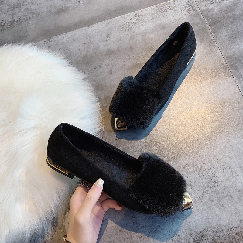 Shallow Mouth Women Autumn Fur Loafers Sneakers Female Plain Metal Pointed Toe Flats Women's Shoes