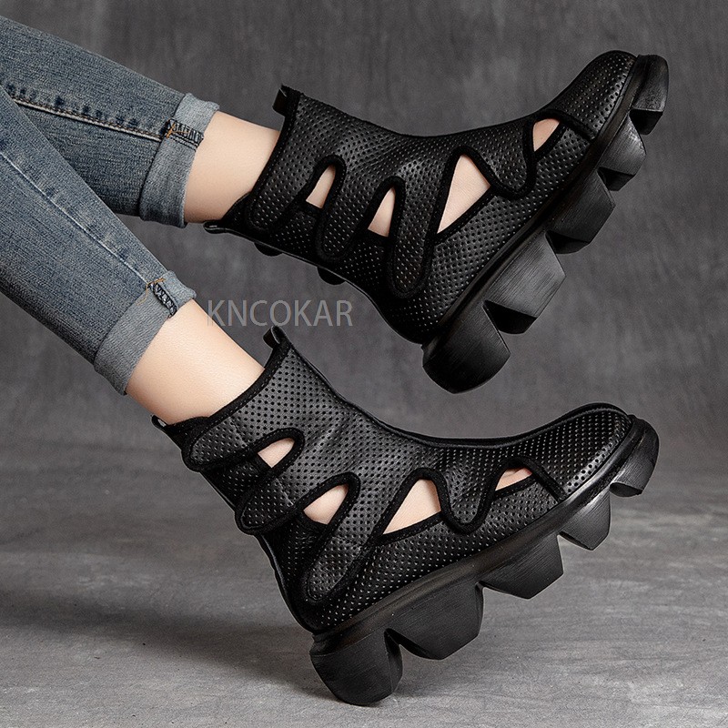 202NEW Women Summer Sandals Mid Heels Wedges Ladies Shoes Vintage Genuine Leather Plus Size Sandalias