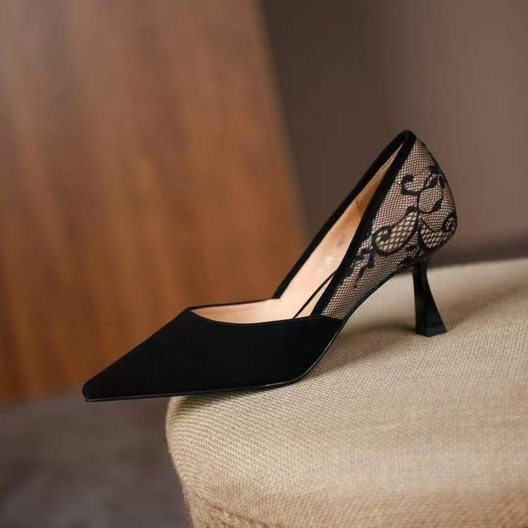 Pointed toe stiletto high heels women 2022 summer new lace stitching fashion single shoes French retro shallow women's shoes