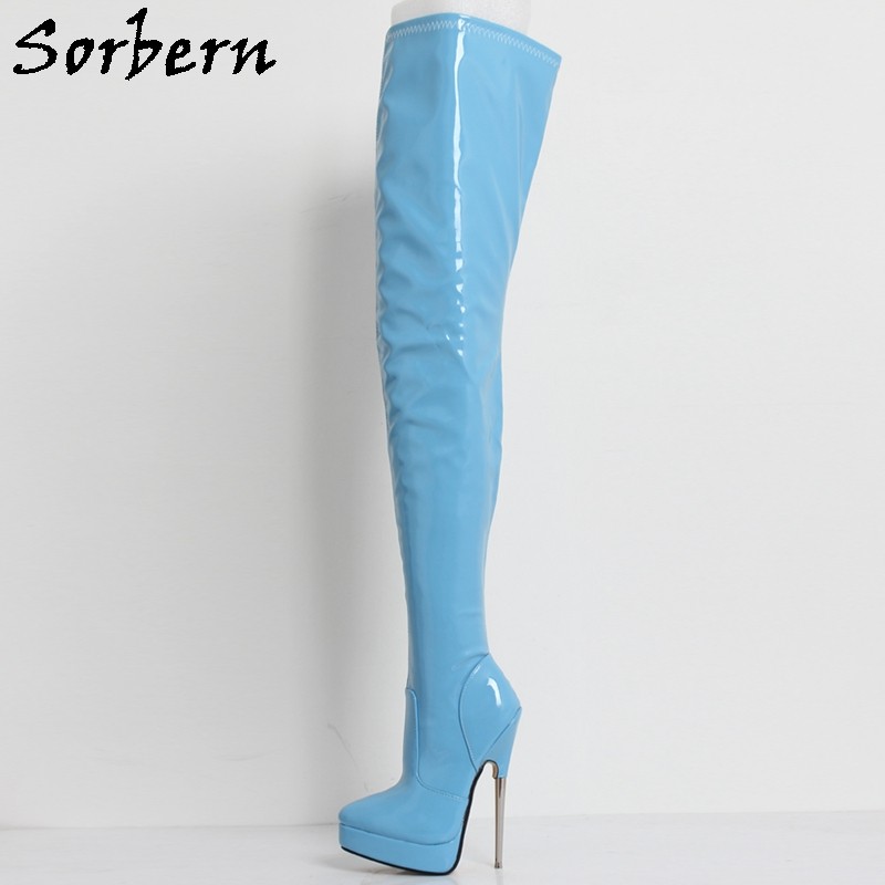 Sorbern Unisex Crotch Thigh High Boots 18cm Metal High Heel Long Boot Shoes Ladies Platform Spike Hard Walking Boot Pointy Toes