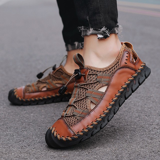 New Summer Genuine Leather Men Sandals Fashion Roman Sandals Handmade Mesh Men Casual Shoes Platform Outdoor Beach Sandals Men