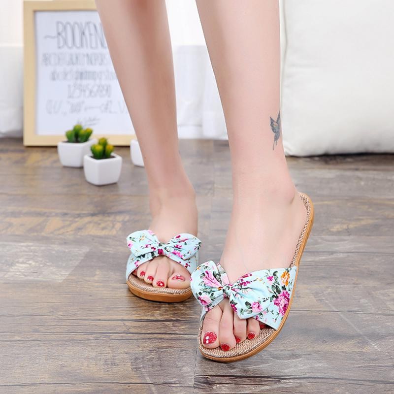 Women Summer Beach Slippers Female Breathable Floral Bow Linen Slippers Sandals Woman Non-slip Flats Female Flip Flop Fashion