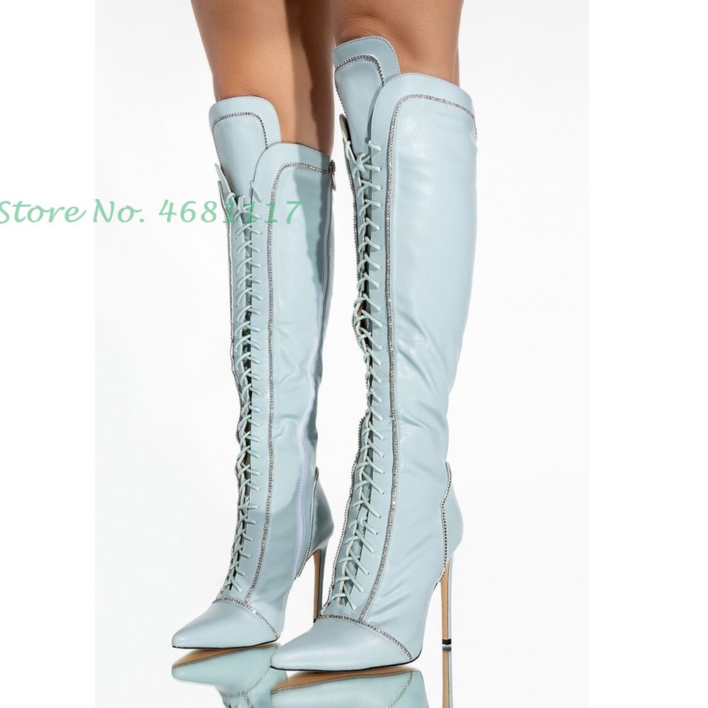 Light Blue Knee High Boots Lace-up Chic Pointed Toe Leather Splicing Long Boots Sweet Thin Heels Fashion Women Shoes Spring 2022