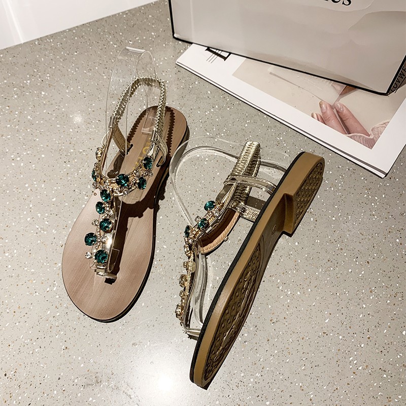 Rimocy T-strap Shiny Rhinestone Sandals Women 2022 Summer Clip Toe Flat Heel Sandalias Woman Crystal Beach Slides Flip Flops