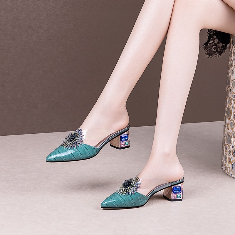 MEMUNIA 2022 New Arrival Genuine Leather Sandals Woman Pointed Toe Solid Med Heels Shoes Fashion Summer Ladies Shoes