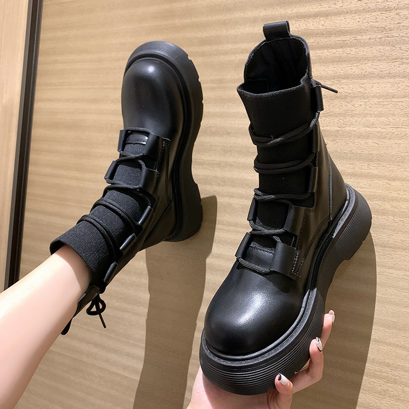 Punk Goth Sock Women Shoes 2021 New Retor Lace Up Black White Ankle Boots For Women Designer Ladies Pu Leather Boots Platform