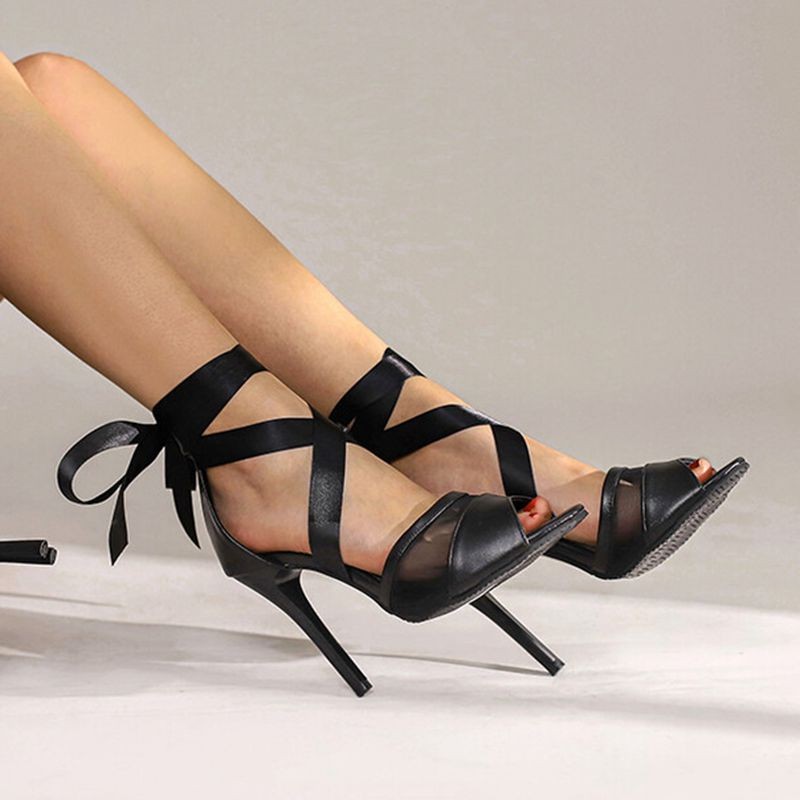 REAVE CAT Women Sandals Peep Toe Thin High Heels 10cm Breathable Mesh Pleated Ankle Strap Big Size 32-48 Black Summer Sexy S3619