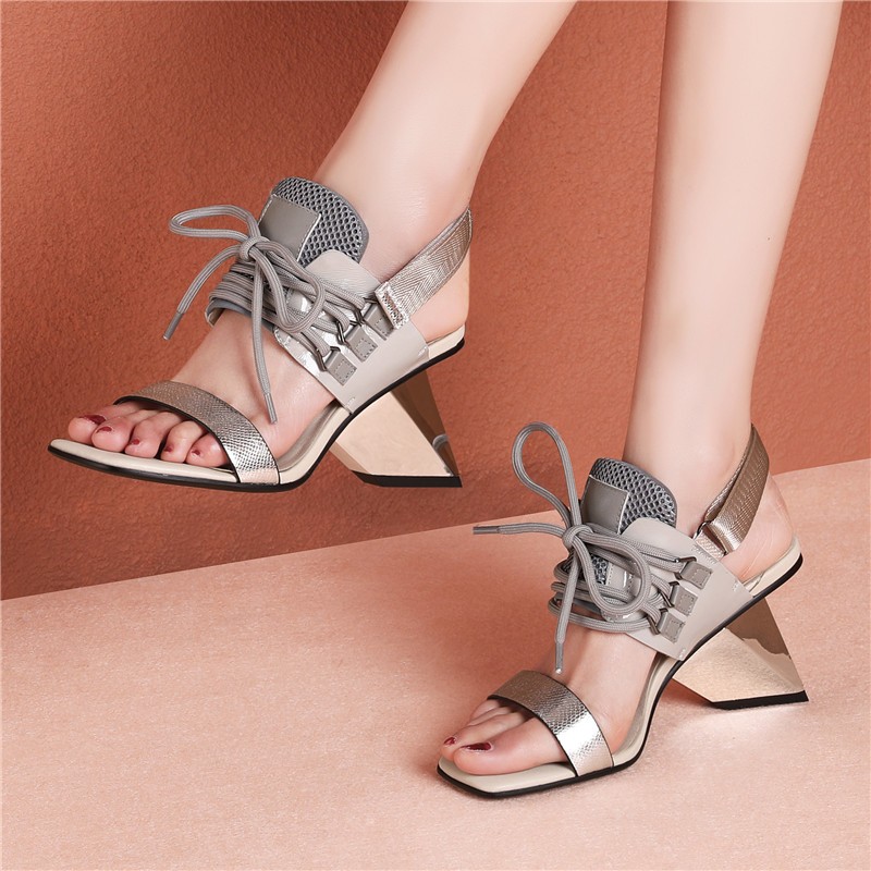 CONASCO Fashion Sexy Women Sandals Pumps Genuine Leather Exotic Heels Mixed Colors Cross-tied Woman Shoes Summer Casual Party