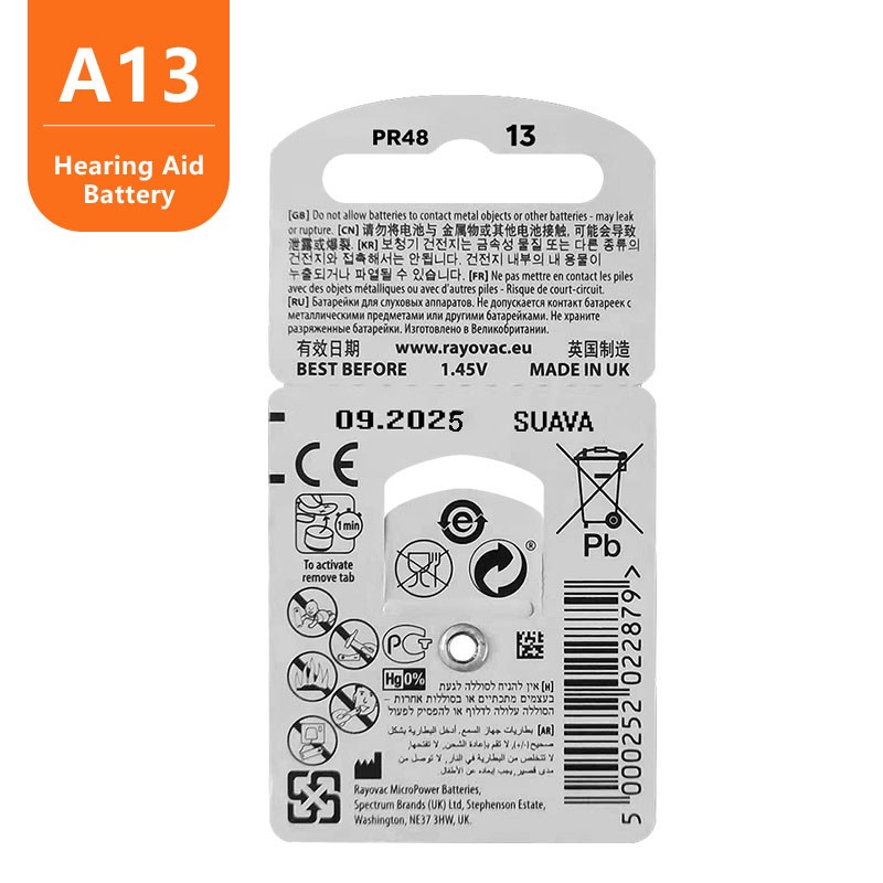 Hearing Aid Batteries 60pcs/10cards RAYOVAC Peak 1.45V 13A A13 13 P13 PR48 Zinc Air Battery for BTE CIC Rick OE Hearing Aids