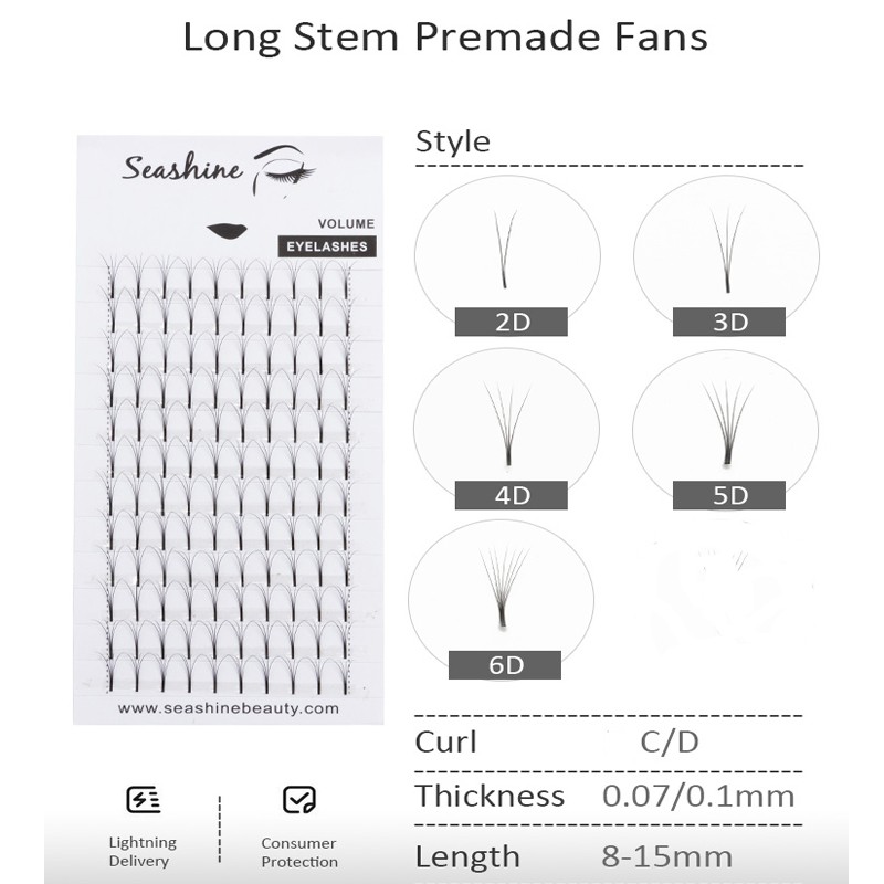 Seashine Silk Premade Russian Volume Fans Soft 2d/3d/4d/5d/6d Eyelashes Long Stem Lash Pre Made Eyelash Extensions