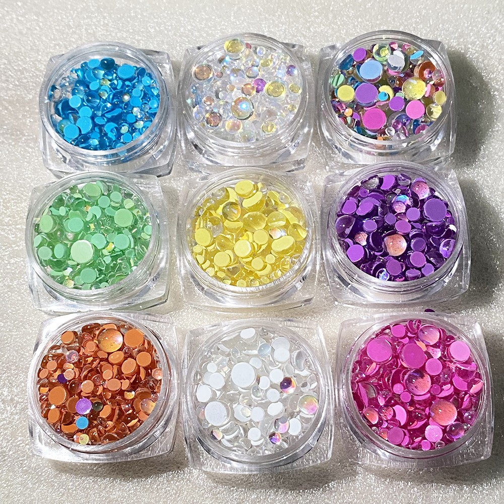 White 1 Box Candy Colors Mixed Size Mermaid Glass Round Crystal Beads AB Nail Art Flat Rhinestones Embellishments