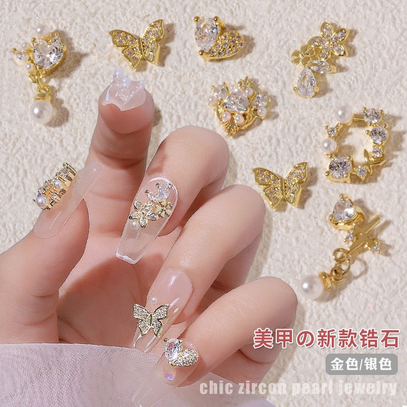 3pcs New nail art zircon metal jewelry with the same love net red butterfly color retaining nail diamond buttons necklace