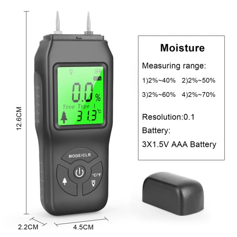 Professional Two Pins Digital Wood Moisture Meter 2-70% Leaf Timber Moisture Portable Tool LCD Display Timber Moisture Detector