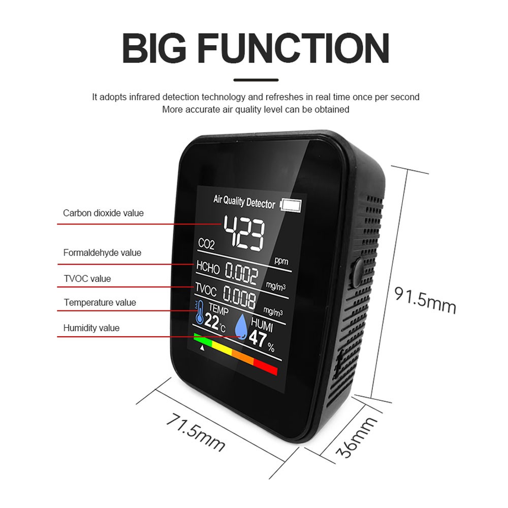 Air Quality Detector CO2 Meter CO2 Tester Carbon Dioxide TVOC Formaldehyde Value Amount Electricity Temperature Hygrometer