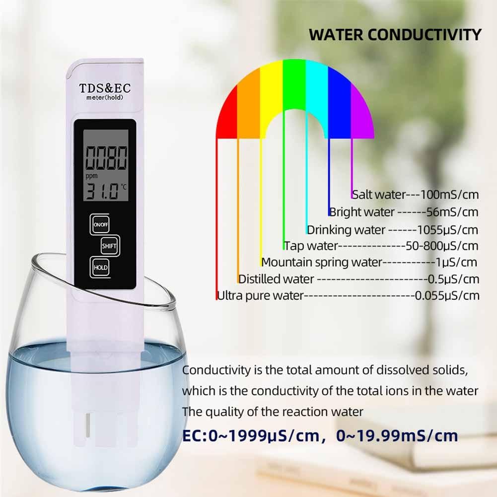 TDS/EC Tester 0-9990ppm Conductivity Detector Water Purity Thermometer 3 in1 TDS/Temperature/EC Meter Water Water Quality Tester Pen