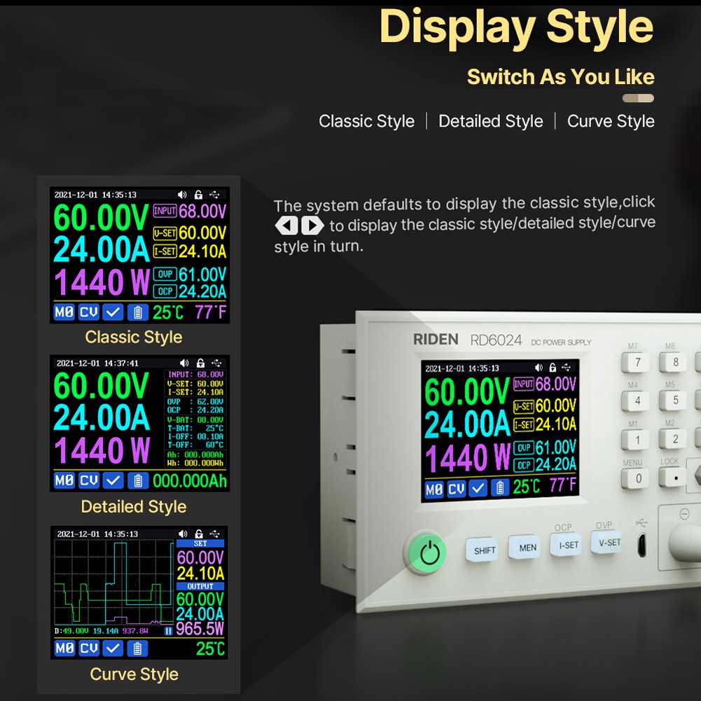 RD6024 RD6024-W 60V 24A USB Color Display Screen DC Adjustable Step-down Voltage Bench Power Supply Potential Converter Data Storage