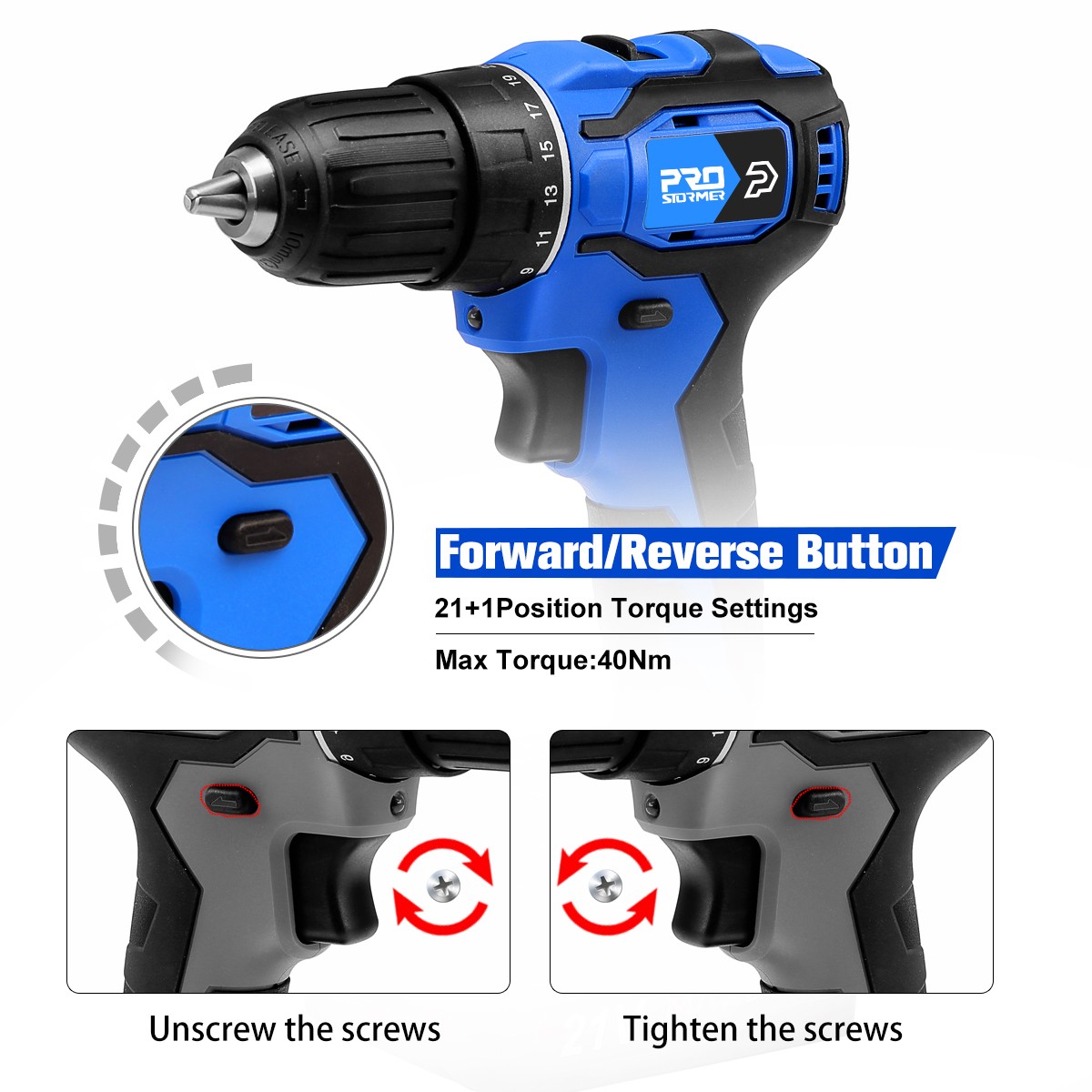 21V Volt Cordless Drill 40NM Brushless Mini Electric Driver Screwdriver 2.0Ah Battery Household Power Tools 5pcs Bits by PROSTORMER