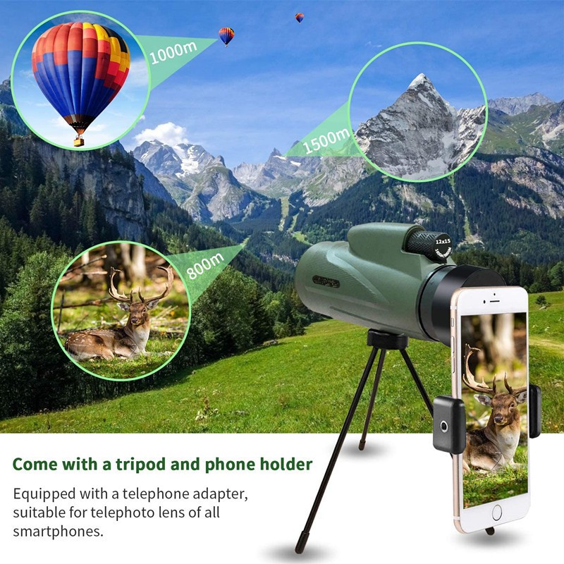Large field of view 12X50 monocular outdoor camping travel hunting HD FMC telescope with tripod mobile phone holder bird watching