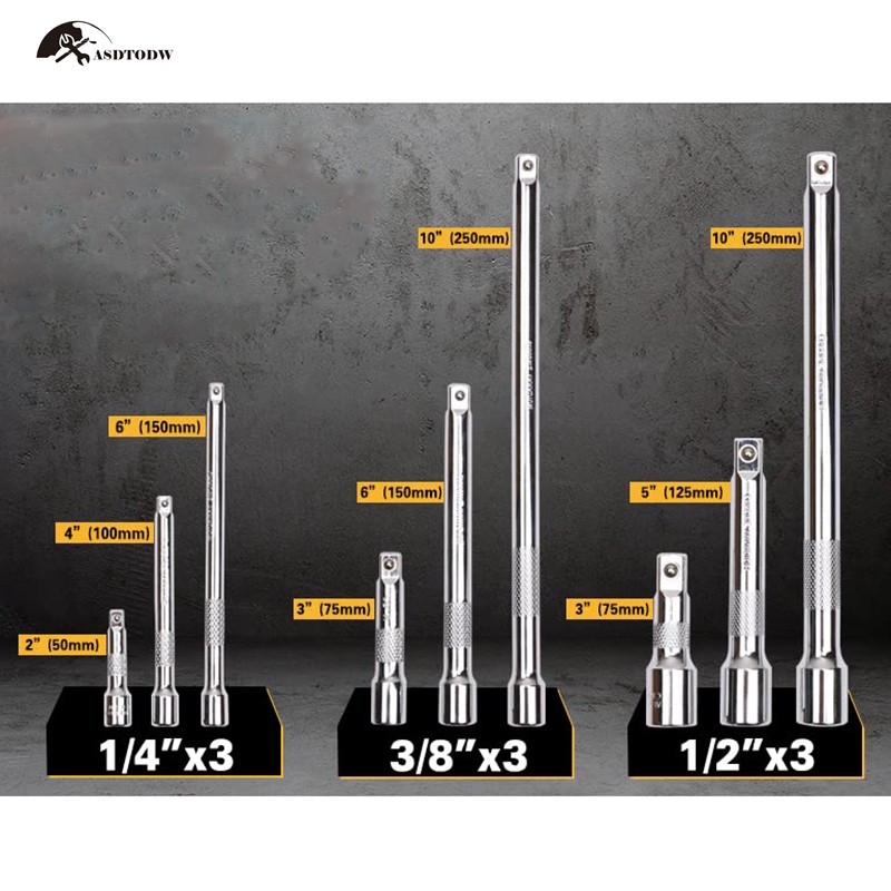 3-Piece/9-Piece Extension Bar Set 1/4", 3/8" and 1/2" Tip Wrench Accessories